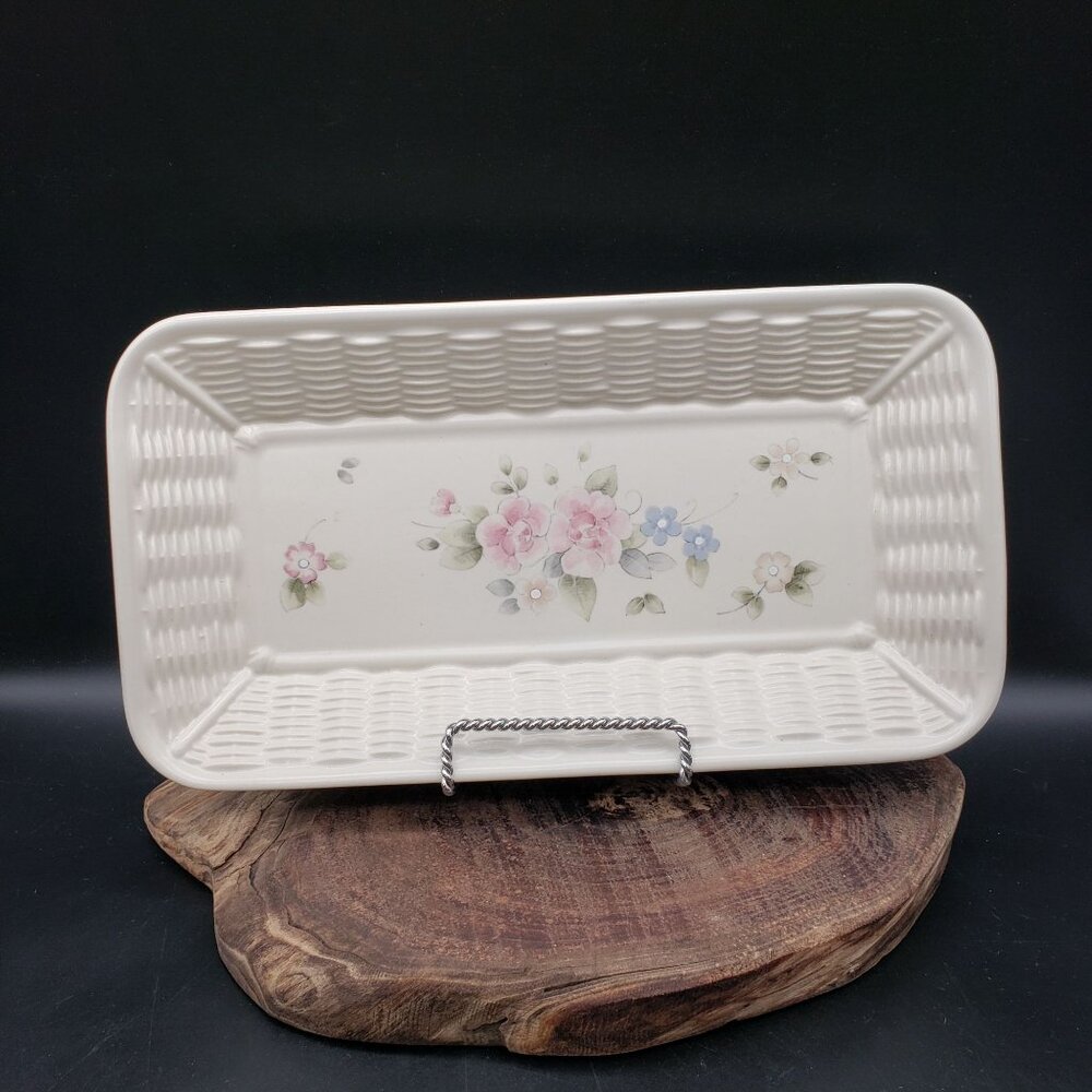 Pfaltzgraff Tea Rose Bread Tray 12.25" Rectangular Basket Weave USA Vintage